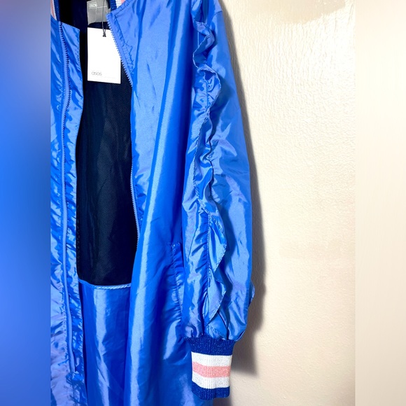 ASOS NWT Blue Parachute Parka Y2K/90s Jacket Ruffle Sleeves Long Shiny sz 8 - Picture 7 of 14